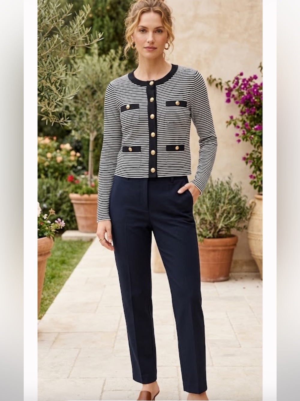 J. Crew Ribbed Lady Jacket Black and White Striped Gold-Button Cardigan
